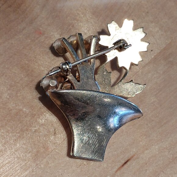 Vintage rhinestone brooch gold blue flower basket - Picture 4 of 4